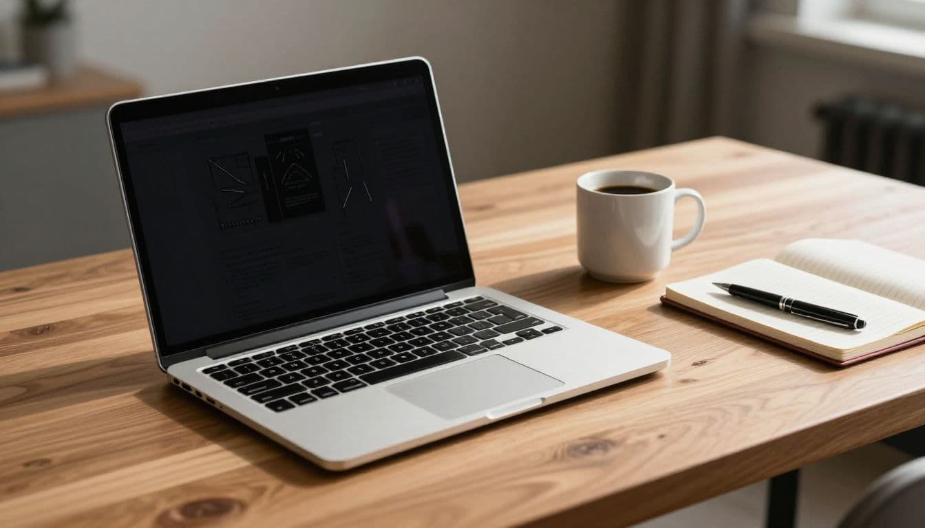 A wooden desk holds an open laptop, a steaming ceramic coffee mug, and a leather notebook with a metallic pen. Dramatic sunlight creates high-contrast shadows across the clean, minimalist work surface.