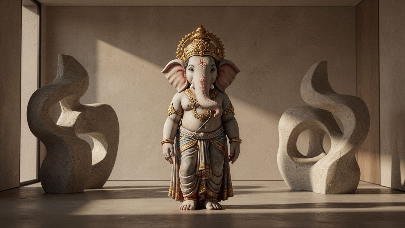 A minimalist, abstract sculpture with smooth, flowing curves sits in a dimly lit room, illuminated by warm, ethereal light. Deep shadows define the forms, symbolizing ancient wisdom and serene protective strength.