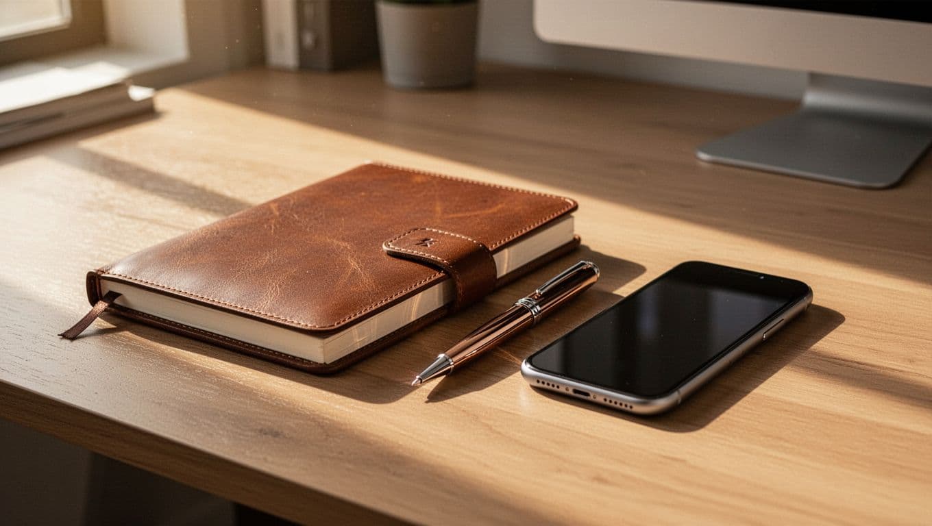 A sleek desk features a premium leather notebook and pen placed beside a modern smartphone. Warm golden morning sunlight creates sharp shadows across the clean, organized workspace surface.