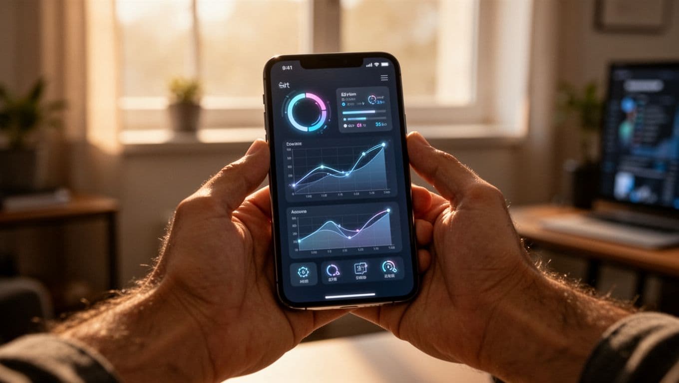Close-up of hands holding a smartphone with a clean financial dashboard interface. The blurred home office background features soft, warm sunlight streaming through a window to create a professional atmosphere.