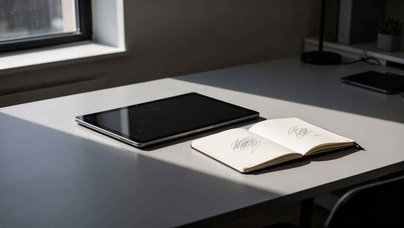 A dark, minimalist wooden desk displays a smartphone alongside an open notebook filled with handwritten financial notes. Dramatic, high-contrast cinematic lighting casts deep shadows, highlighting the sleek desk surface and professional tools.