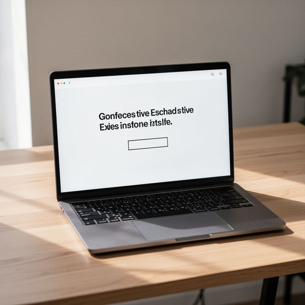 A modern laptop sits on a clean wooden desk displaying a minimalist blog layout.
