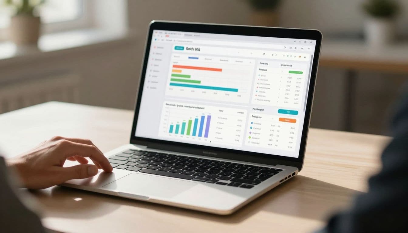 A person rests their hands on a clean desk next to a laptop displaying a colorful digital investment interface. Soft side lighting highlights the screen's blurred charts and intuitive graphs.