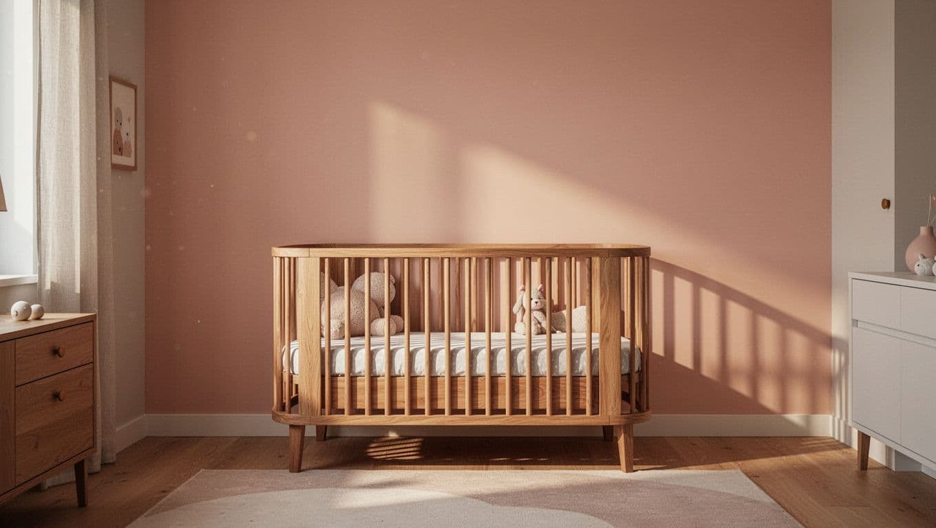 A handcrafted wooden crib stands centered against a soft-toned wall in a cozy nursery. Gentle, ambient lighting creates a peaceful atmosphere throughout the room, highlighting clean lines and minimalist decorative accents.