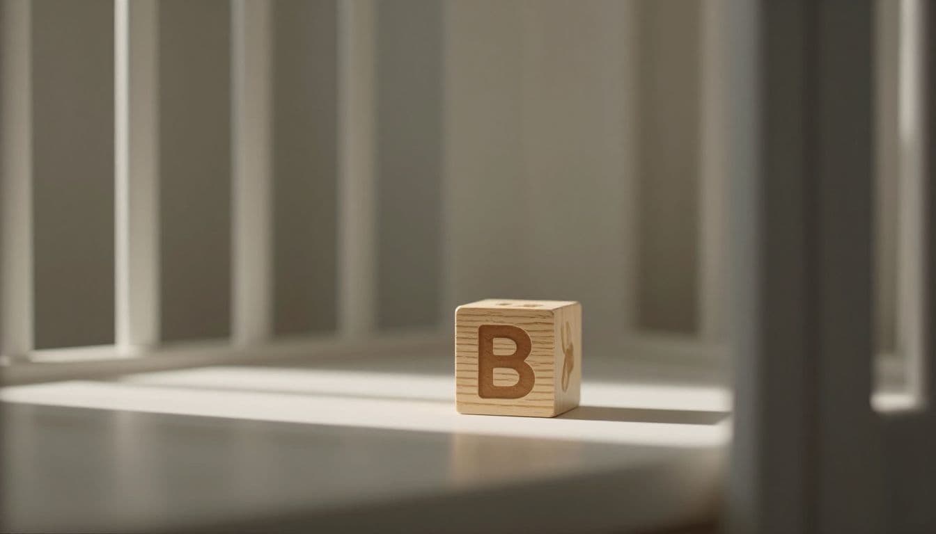 A single wooden alphabet block sits on a clean surface bathed in soft morning sunlight. The surrounding nursery features warm tones and a shallow depth of field for a crisp aesthetic.