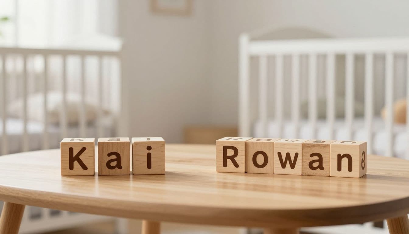 Small wooden blocks spelling out baby names sit on a polished surface within a light-filled nursery. Soft daylight illuminates the textured wood, creating a peaceful, minimalist atmosphere for newborn name inspiration.
