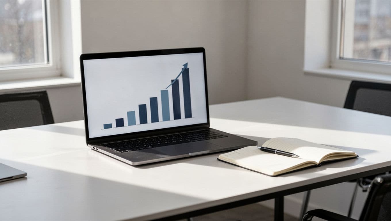 A minimalist desk features a laptop displaying an upward-trending bar chart next to a notebook.
