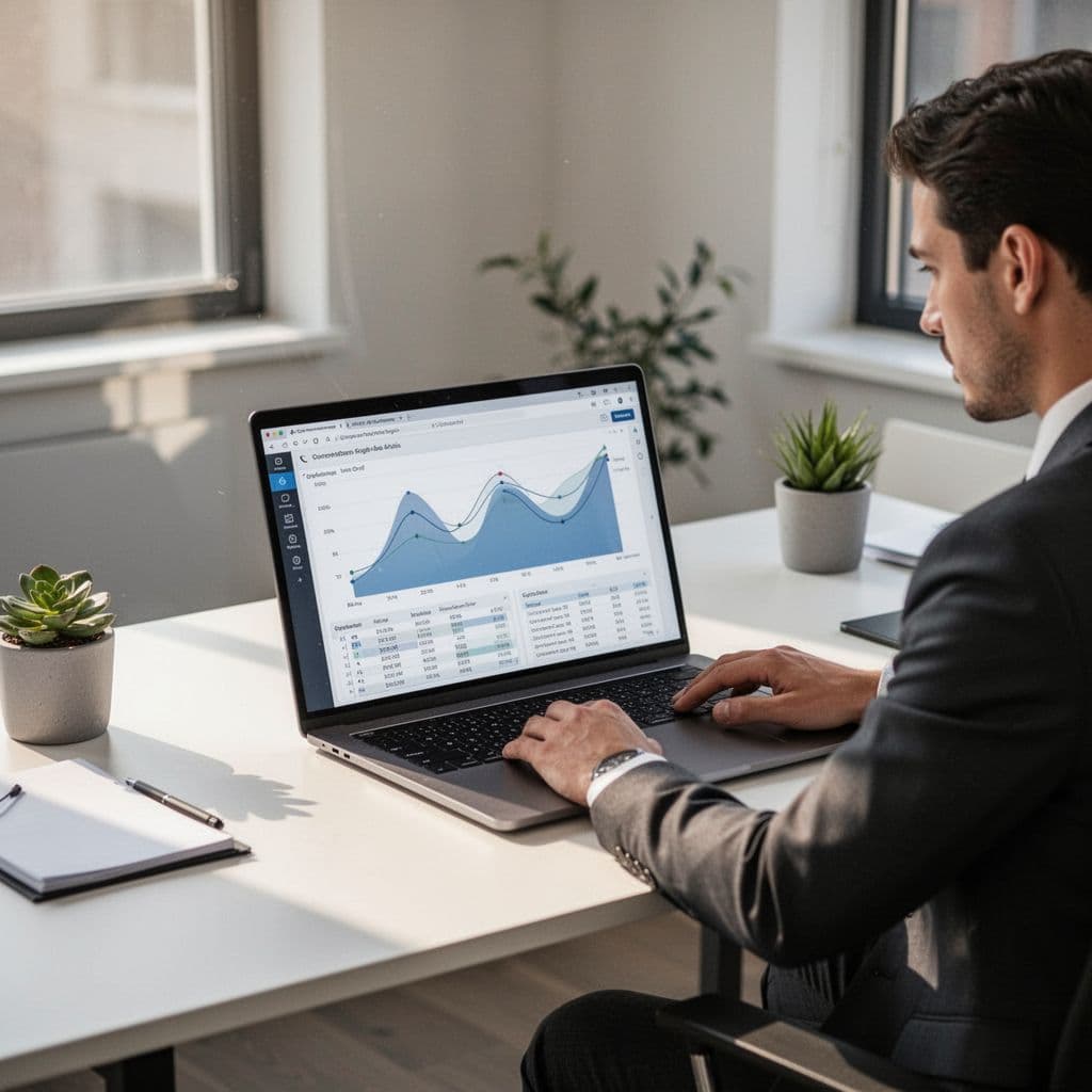Modern office desk holds laptop displaying simple analytical chart, one person visible in soft daylight.