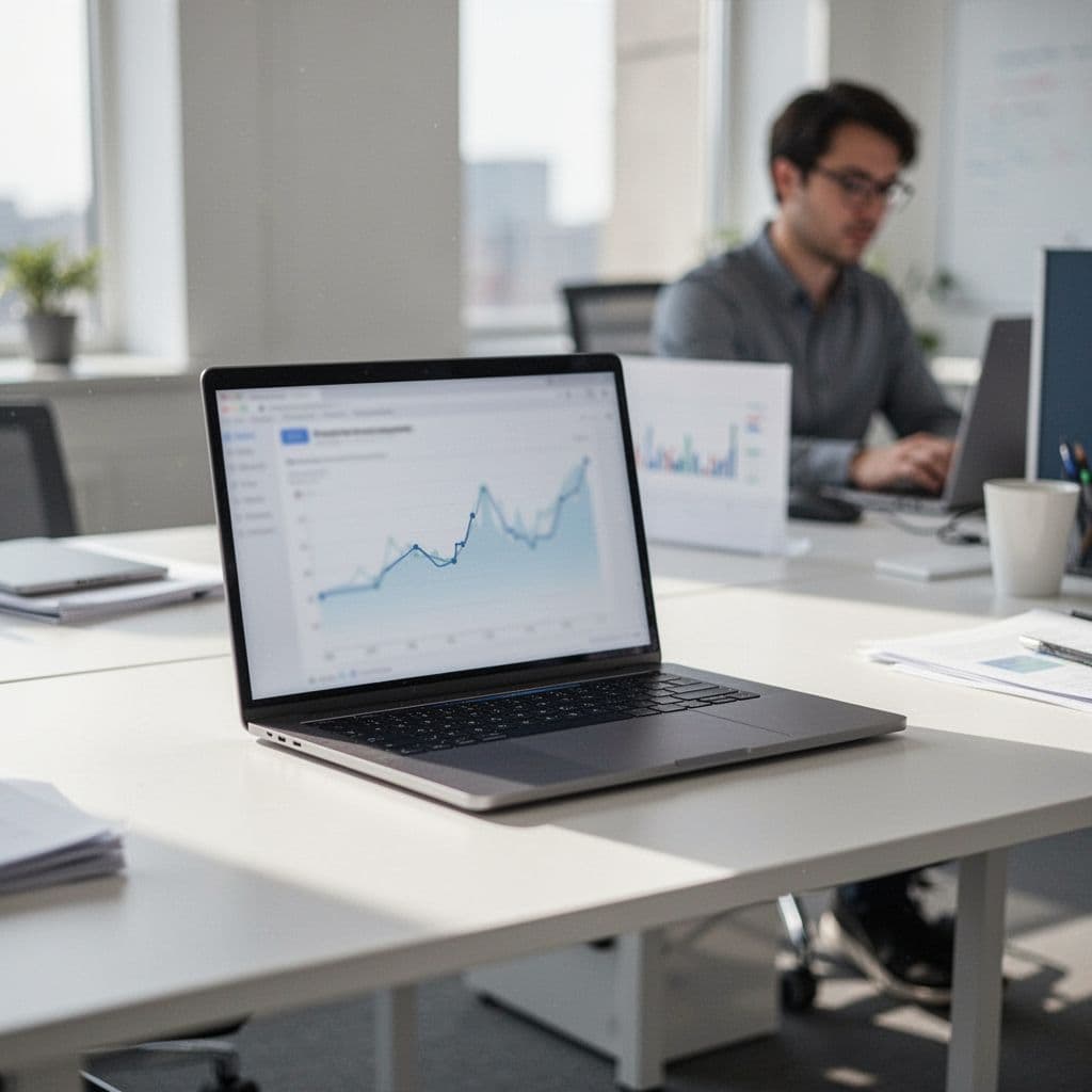 A clean office desk features a laptop displaying blurred data graphs with a colleague working nearby.