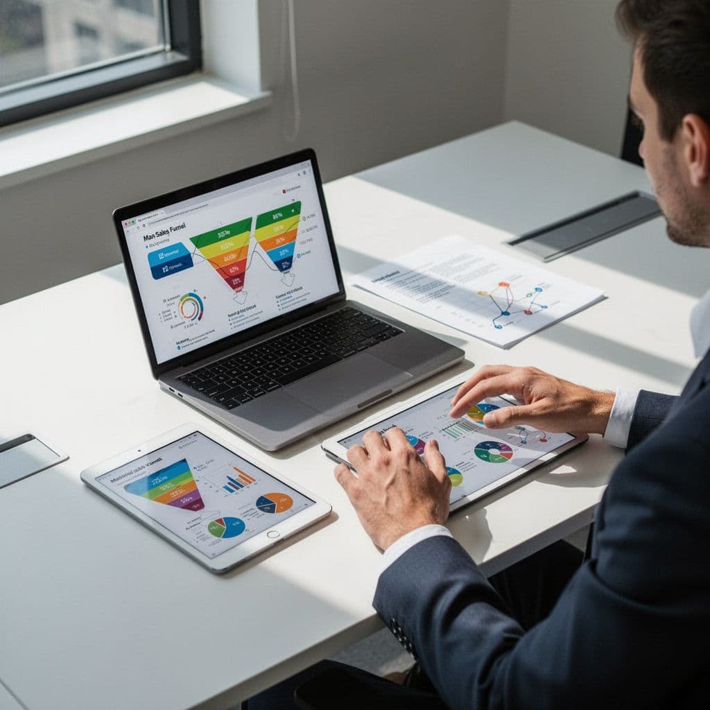 A professional desk features a laptop and tablet displaying abstract marketing and sales funnel data visualizations.