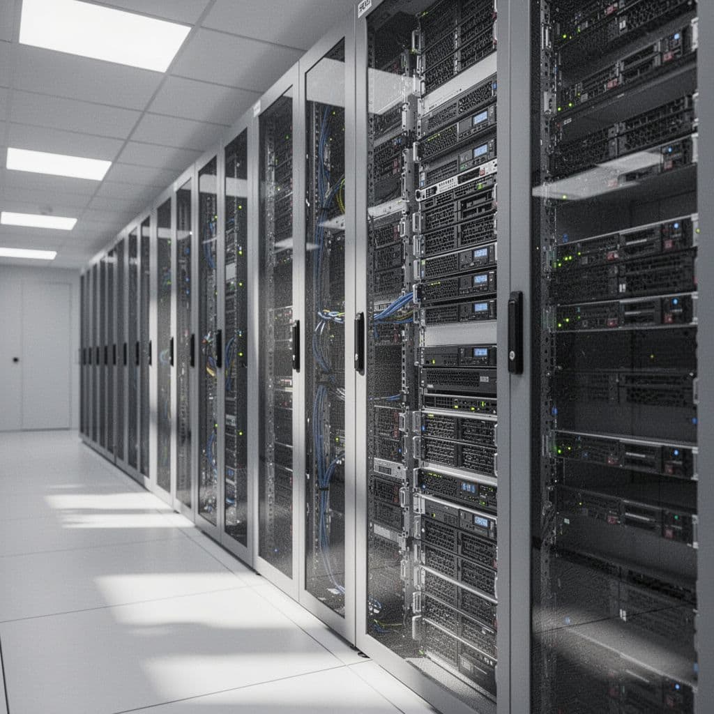 A neatly organized server rack stands inside a bright and clean professional data center.