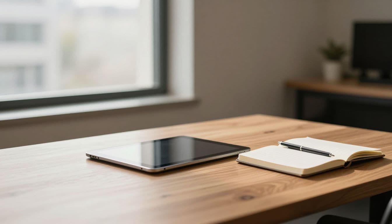 A sleek wooden desk features a solitary tablet and a notebook resting on its surface. Soft golden sunlight flows from an adjacent window, highlighting the minimalist and organized executive interior.