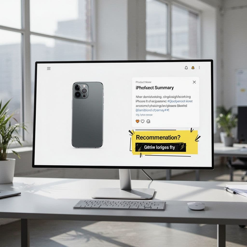A minimalist desktop screen displays a structured product review page with a clear visual hierarchy.