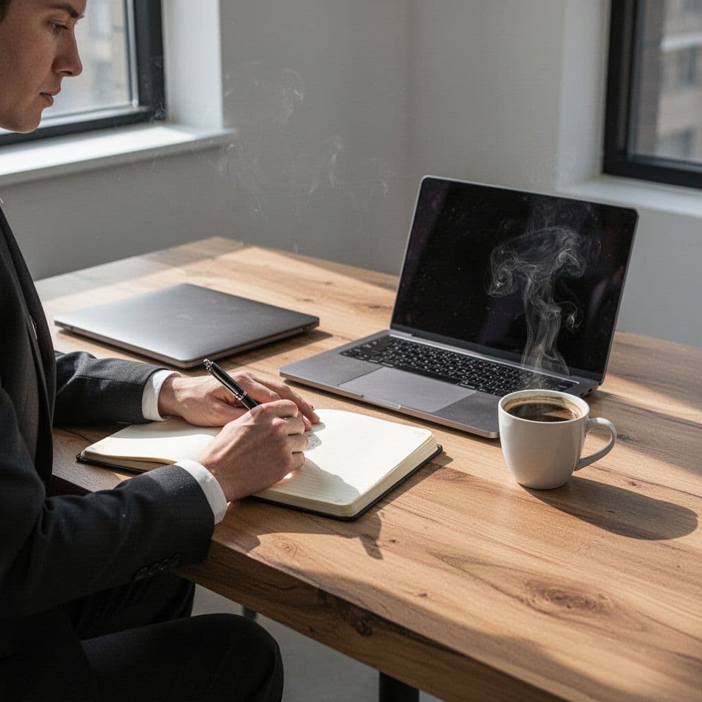 A person works at a minimalist wooden desk with a notebook and coffee.