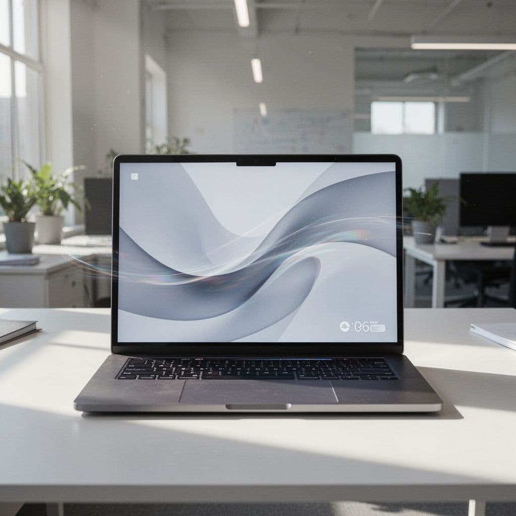 A clean website interface displays on a laptop screen within a bright, uncluttered office setting.