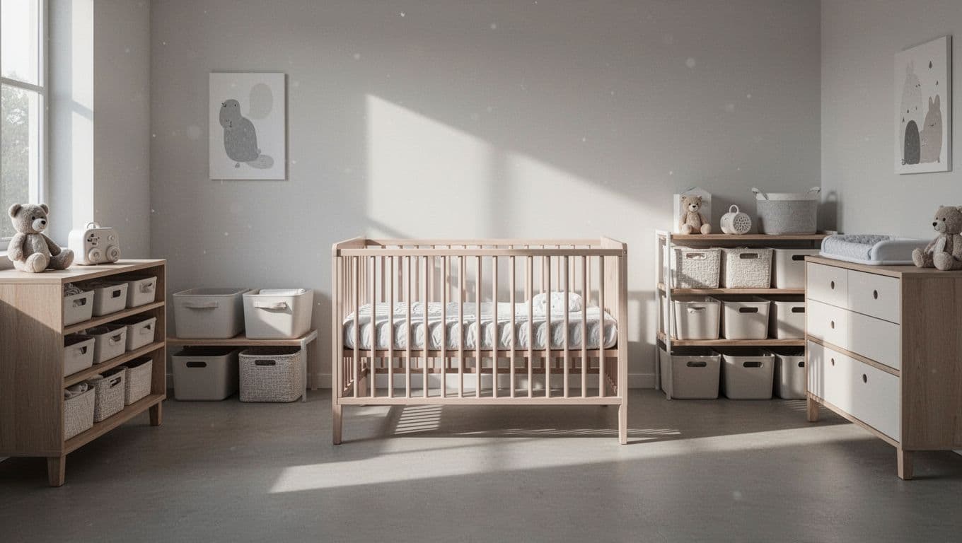 A central wooden crib stands in a bright room featuring neutral-toned furniture and tidy storage bins. Soft morning light streams through the window, highlighting the uncluttered floor and organized nursery layout.