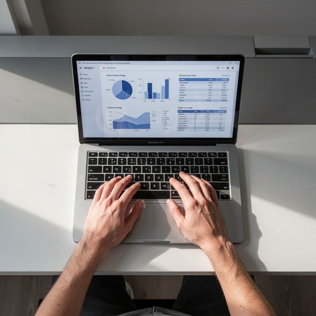 Top-down view of clean workspace with laptop displaying charts and tables, hands near keyboard.