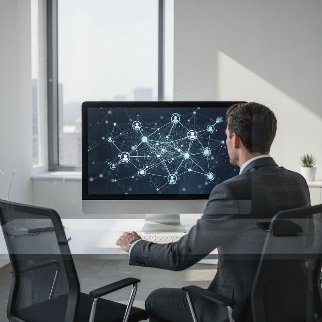 A person sits at a clean desk viewing a digital display featuring abstract search nodes and connection patterns.
