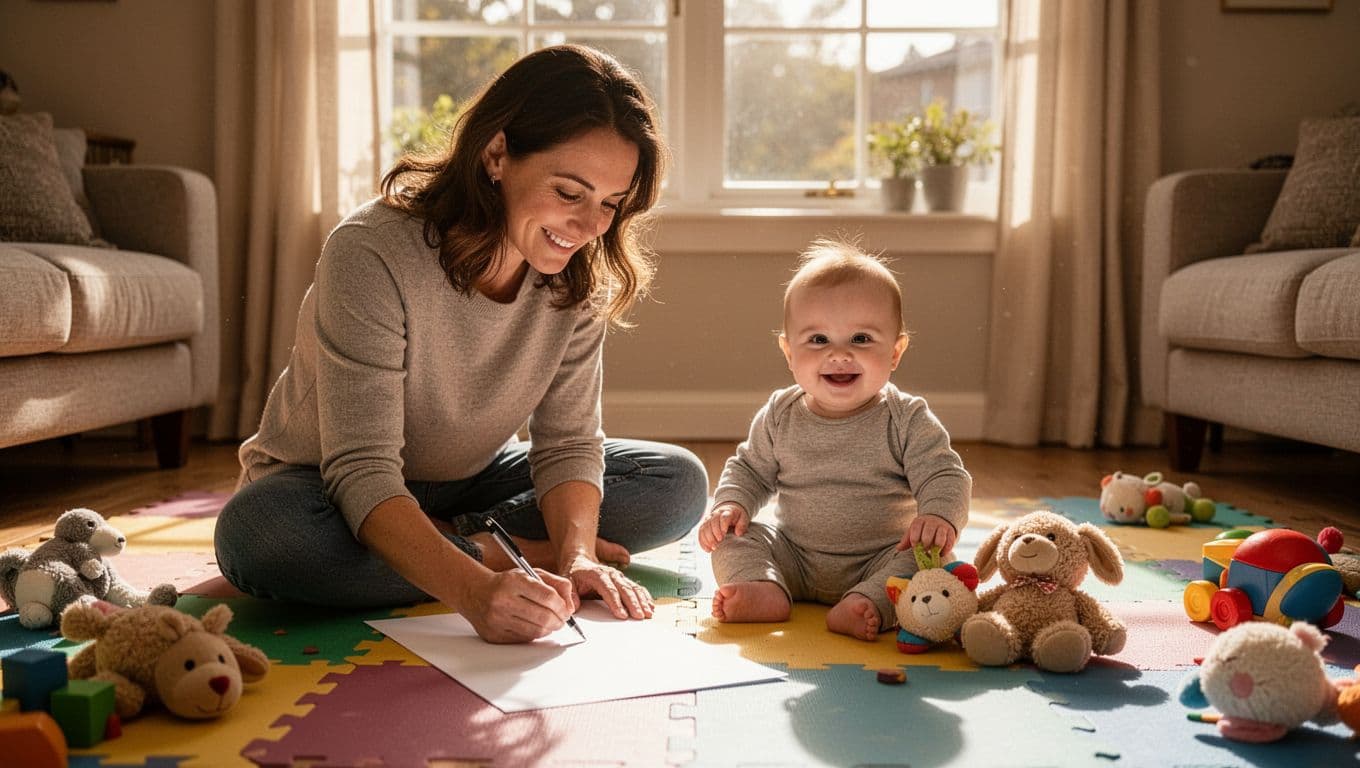 Mom sits on playmat noting paper checklist while 6-month-old baby plays with soft toys nearby.