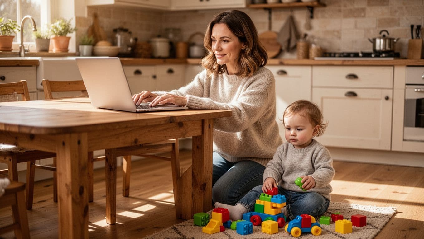 Smiling mom with brown hair types on laptop at wooden kitchen table while toddler plays with toys on floor.