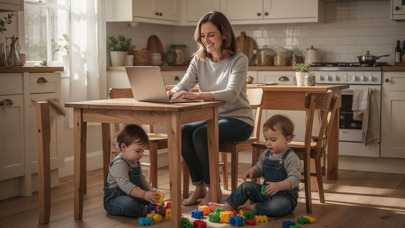Smiling mom with shoulder-length brown hair sits at wooden kitchen table viewing laptop checklist and nearby family calendar as toddler plays with toys on floor.