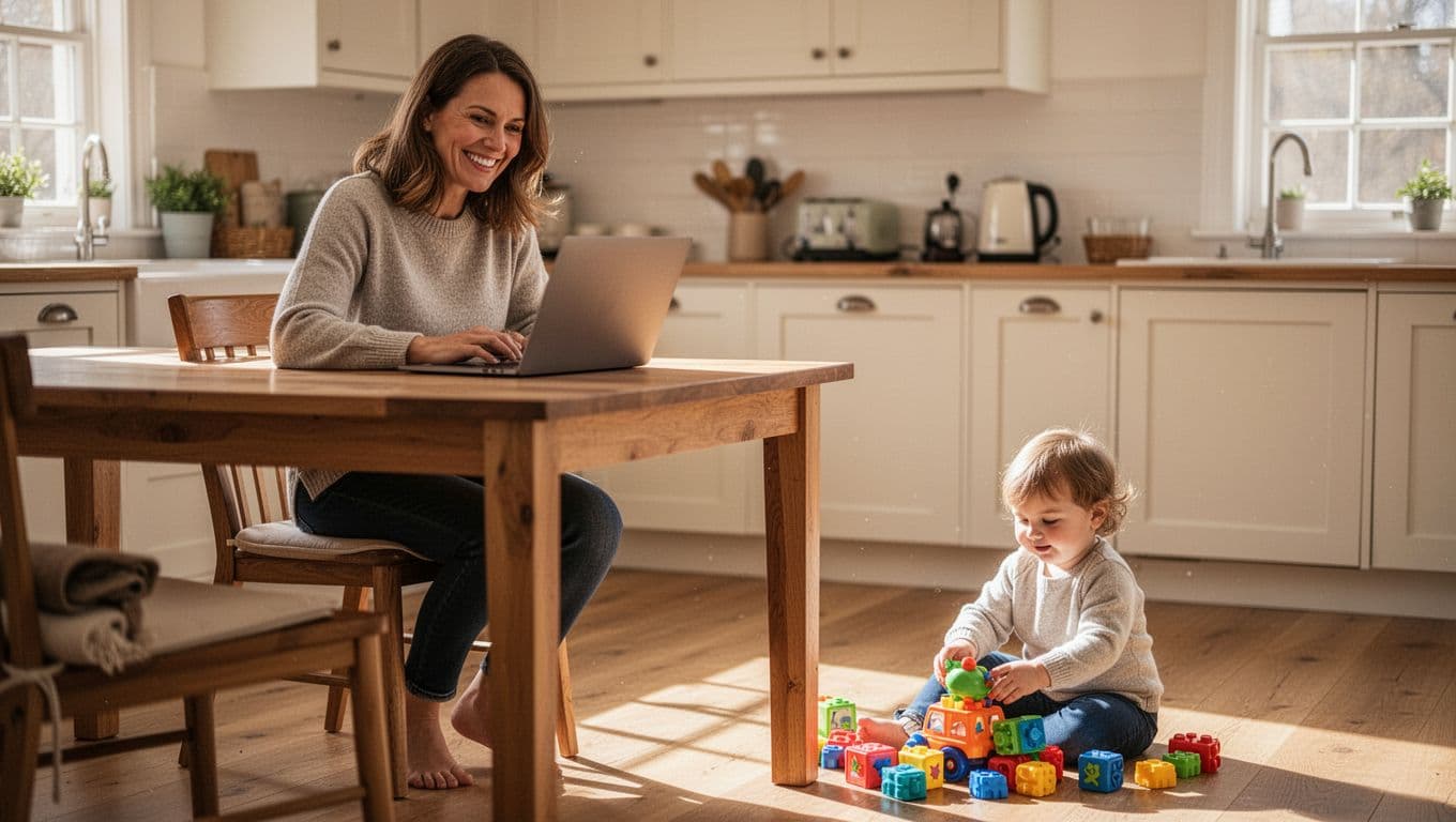 Smiling mom with brown hair works on laptop at kitchen table while toddler plays with toys on floor.