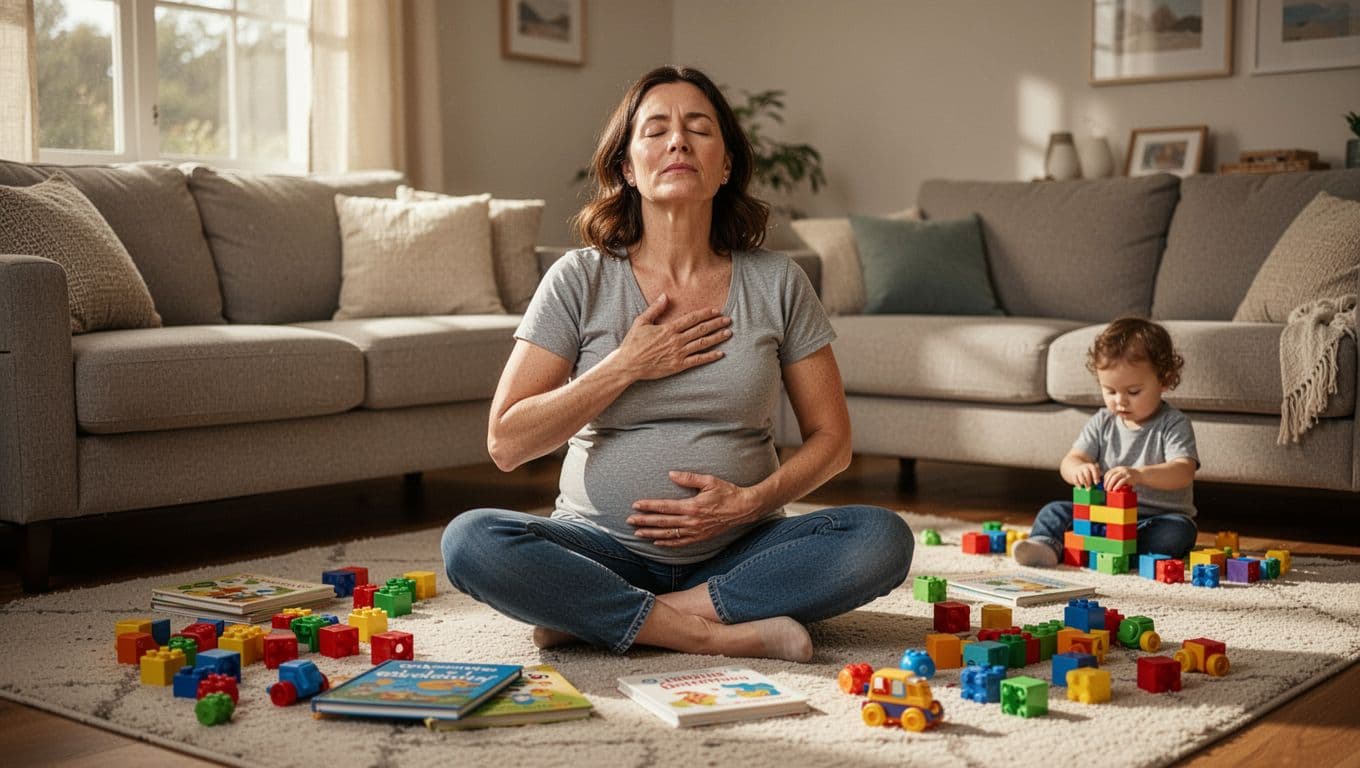 Mom sits cross-legged on living room floor amid scattered toys and books, eyes closed with hands on heart and belly; toddler plays blocks in corner.