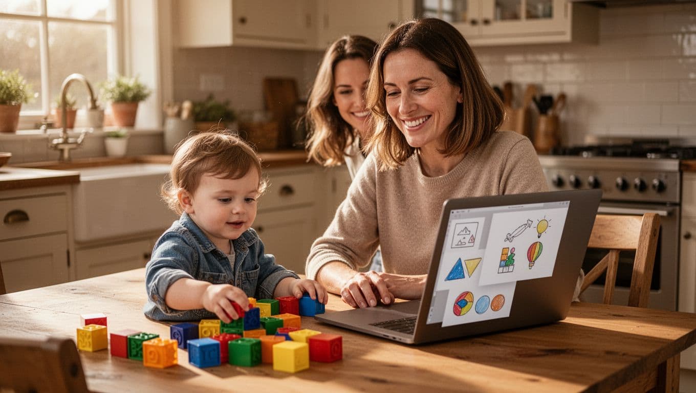 Smiling mom with brown hair works on laptop at wooden kitchen table while toddler plays with colorful blocks nearby.