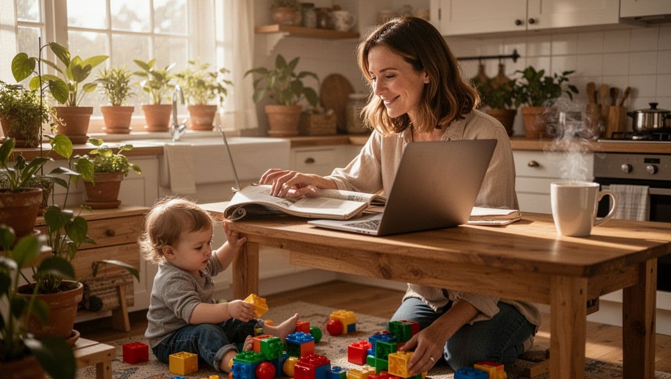 Mom with shoulder-length hair types on laptop at wooden kitchen table with focused smile; toddler plays with colorful toys on floor nearby.