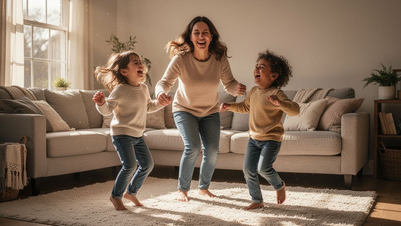 Mom and two young kids laugh together in cozy living room, dancing with joyful expressions in warm light.