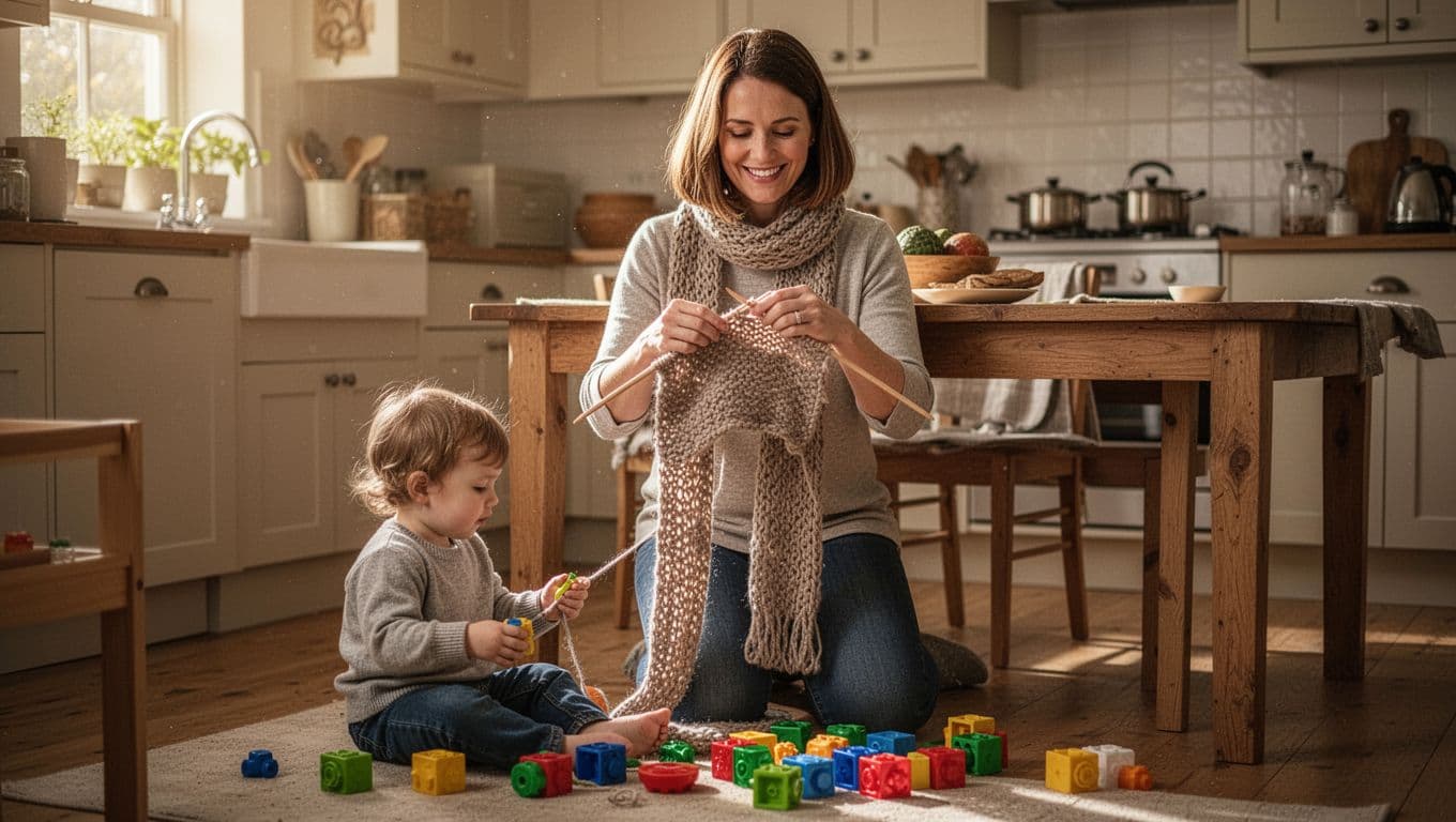 Smiling mom with shoulder-length brown hair crafts knitted scarf at wooden kitchen table while toddler plays with colorful toys on floor.