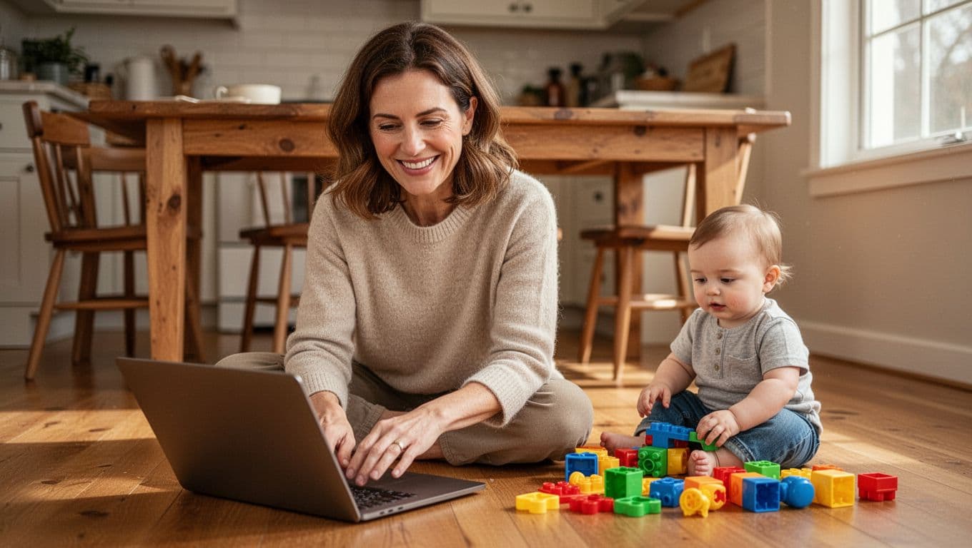 Smiling mom with brown hair works on laptop at wooden kitchen table while toddler plays with colorful toys on floor.