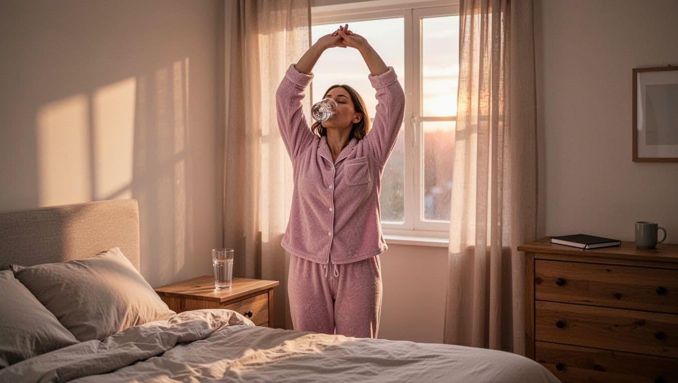 Mom in pajamas drinks water from nightstand and stretches arms by bed in sunlit bedroom with notebook and coffee nearby.
