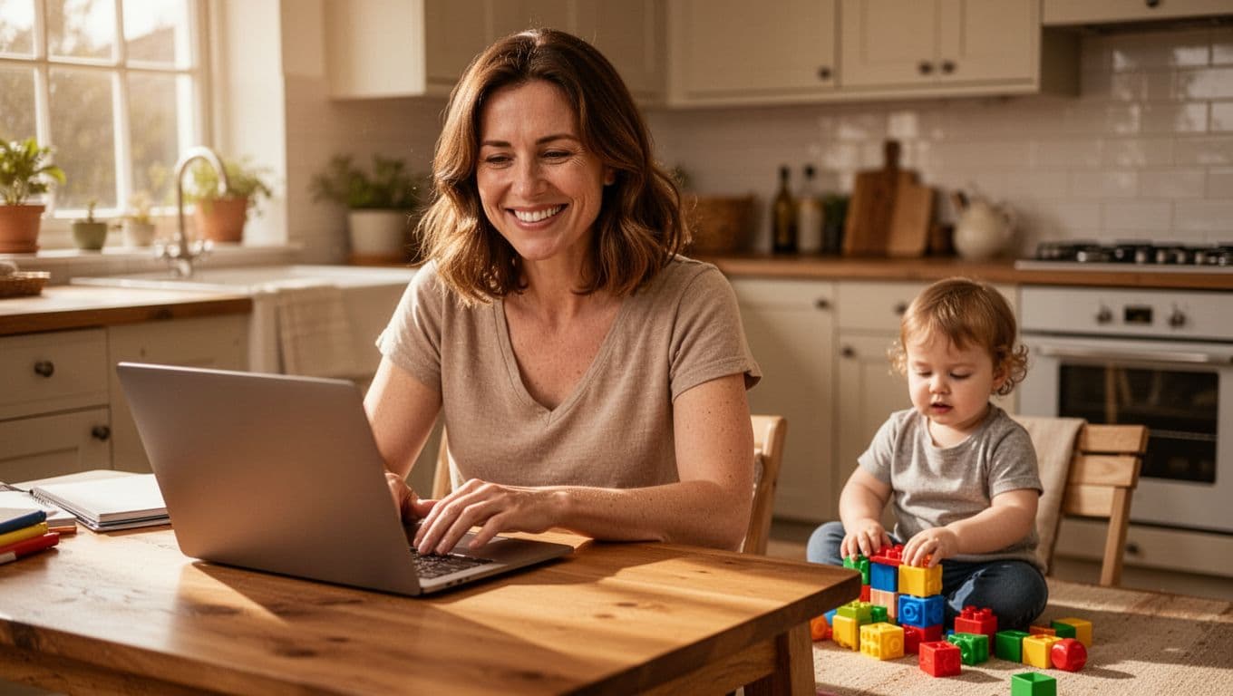 Smiling mom with brown hair teaches online via laptop at kitchen table while toddler plays with toys on floor.