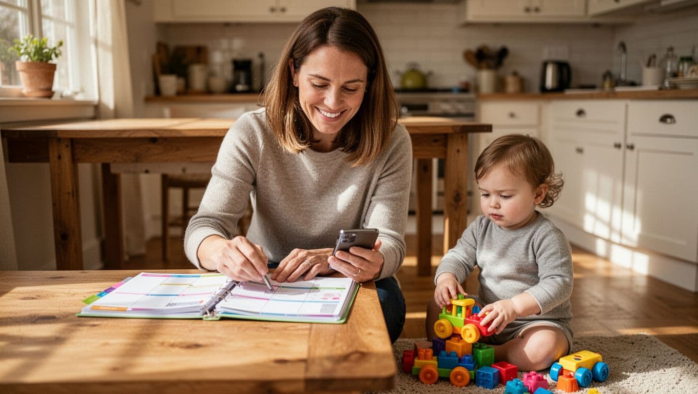 Smiling mom with brown hair organizes colorful planner and checks phone at wooden kitchen table while toddler plays with toys on floor.