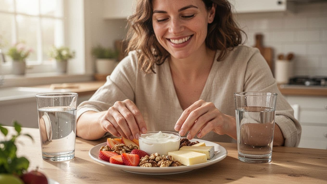 Relaxed mom smiles while arranging sliced fruit, nuts, yogurt, and cheese on a plate with water in bright kitchen.