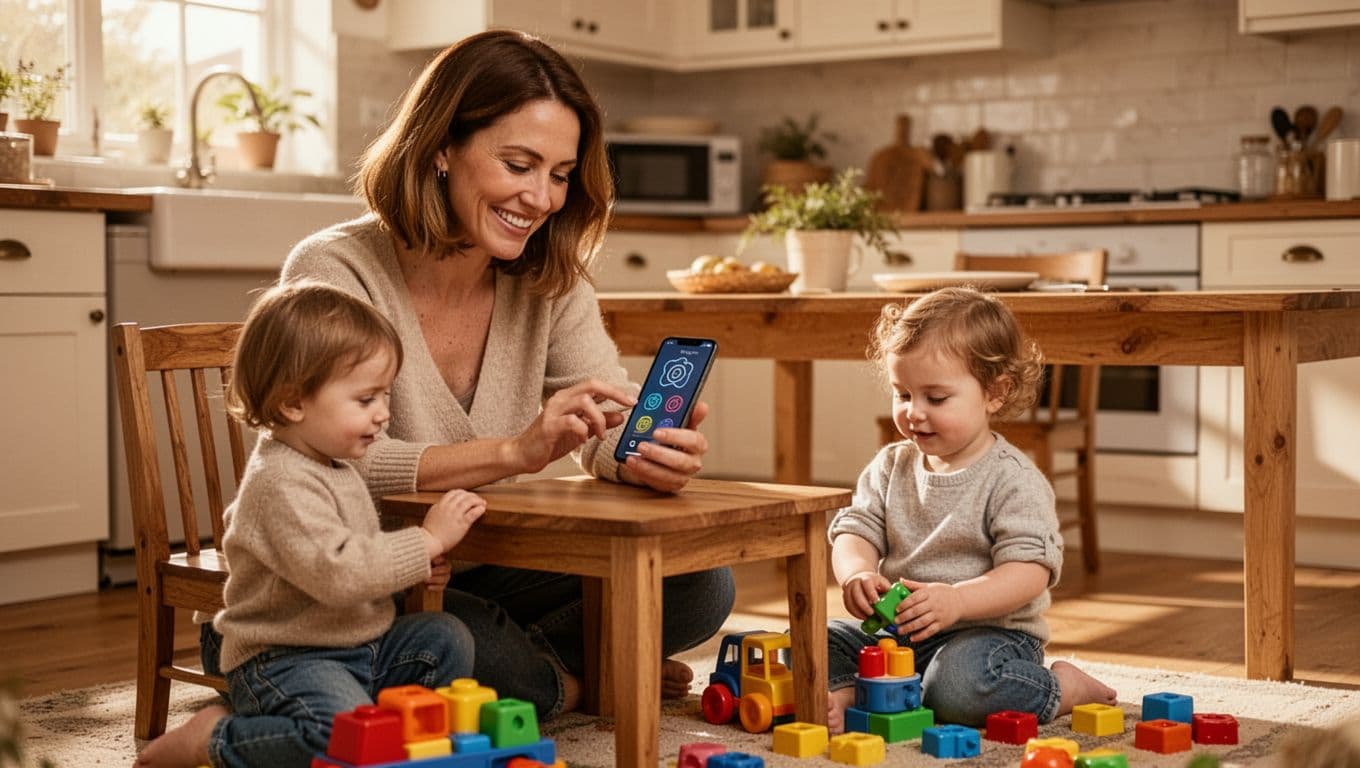 Smiling mom with brown hair uses smartphone at kitchen table while toddler plays with toys on floor.