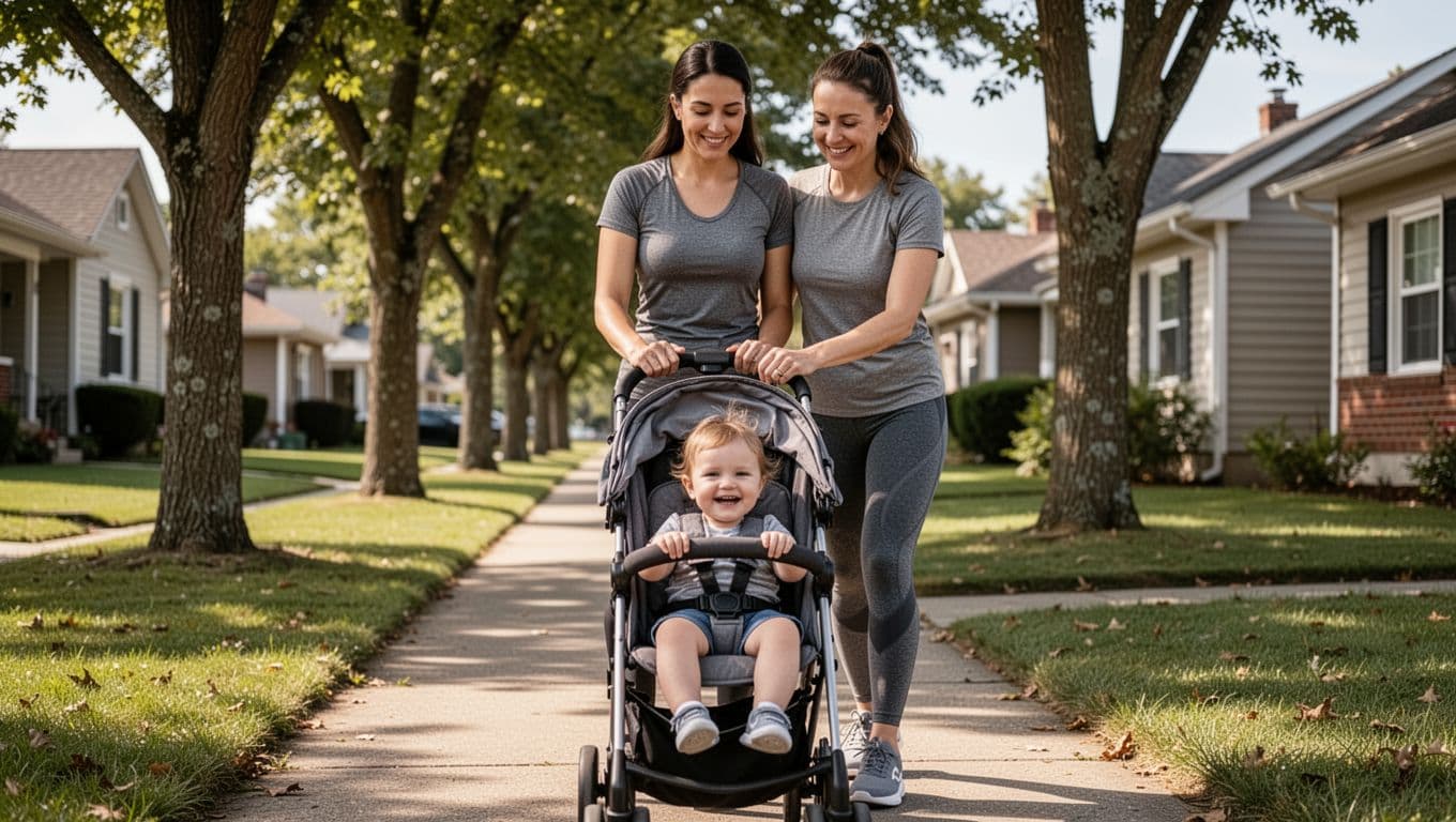 Mom in casual activewear pushes stroller with happy toddler on neighborhood sidewalk amid trees and houses on sunny day.