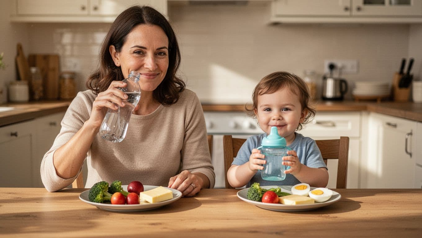 Mom sips water from bottle while toddler holds sippy cup at kitchen table with plates of veggies, fruits, cheese, eggs.