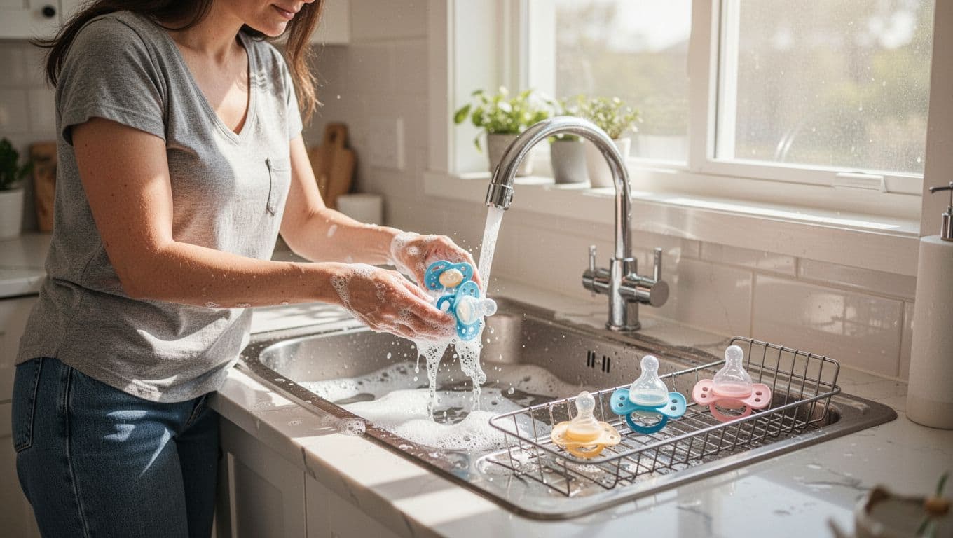 Mother in casual clothes washes pacifiers and bottle nipple with soapy water in kitchen sink, items drying on rack.