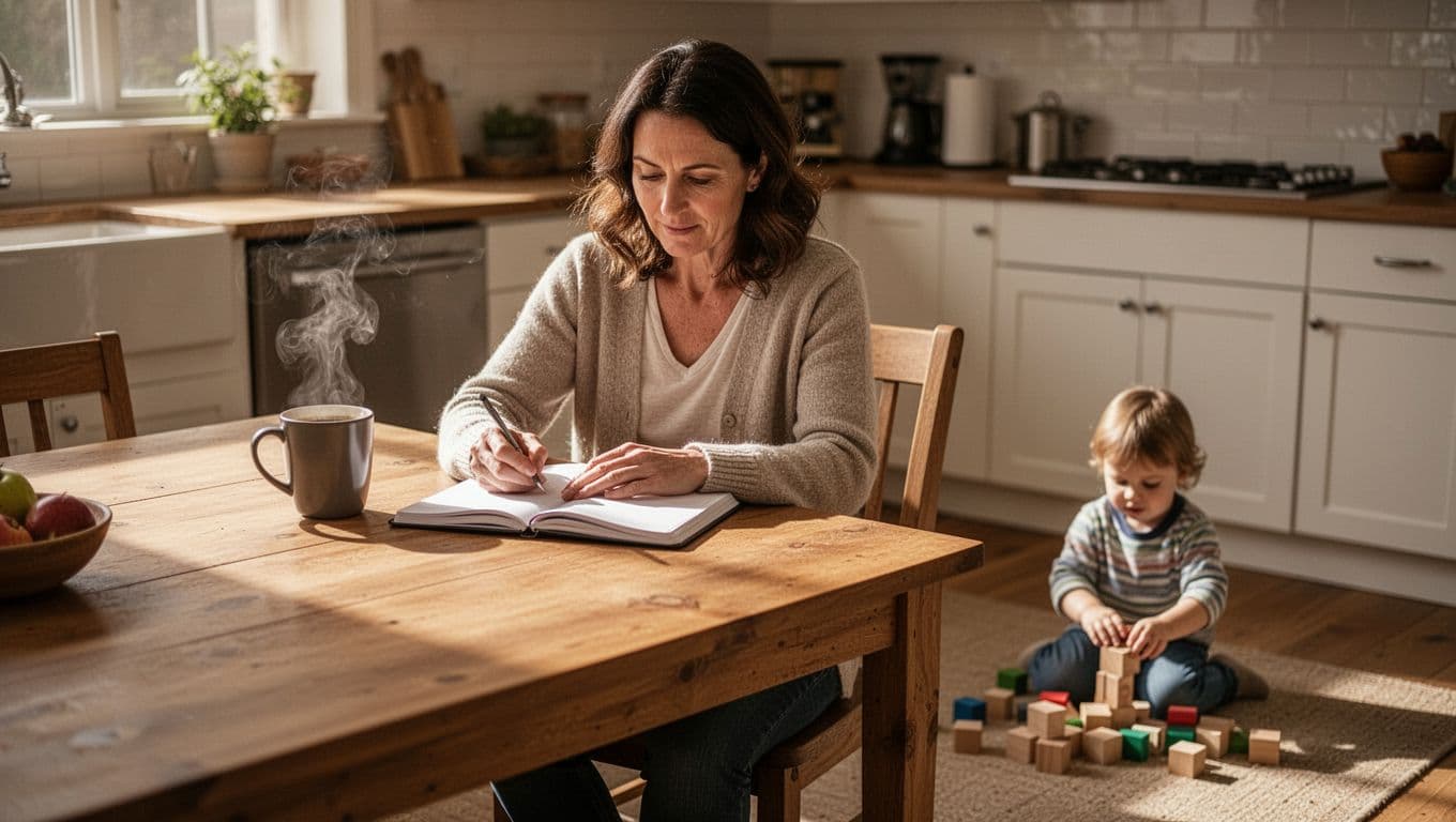 Mid-30s mom sits at kitchen table with open notebook to wellness notes and coffee mug, toddler plays blocks on floor.