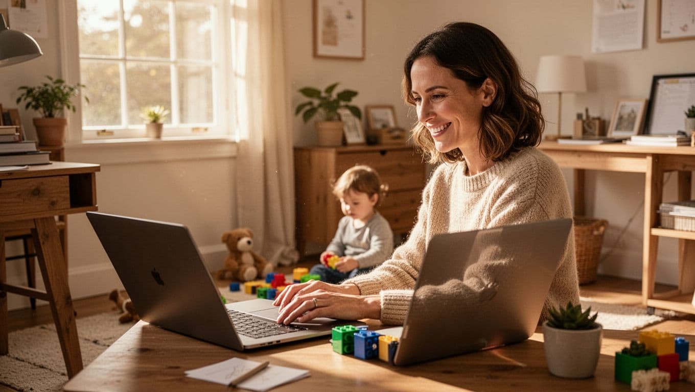 Mom smiles at laptop in cozy home office while young child plays with toys on floor.