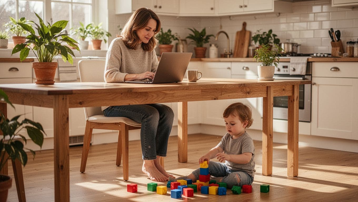 Mom with shoulder-length brown hair smiles focused typing on laptop at wooden kitchen table while toddler plays with colorful blocks on floor.