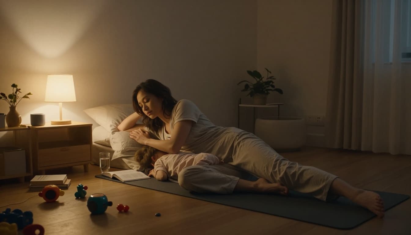 Mid-30s mom in pajamas stretches on yoga mat in dimly lit bedroom with book, water glass, and scattered toddler toys.