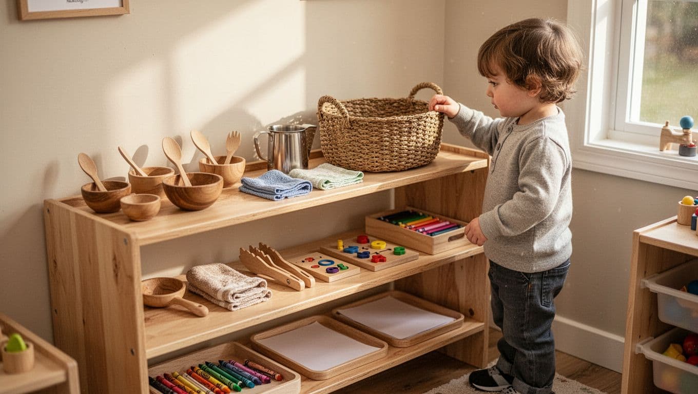 Low wooden shelf displays neat Montessori items like bowls, tongs, and baskets; a 4-year-old child touches a basket nearby.
