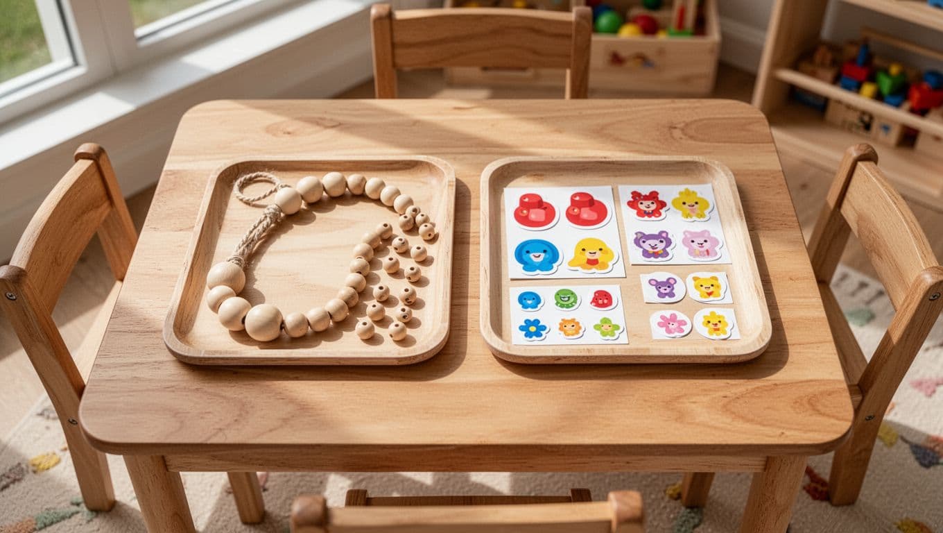 Top-down view of low table with trays: large and small beads for threading, big and tiny stickers.