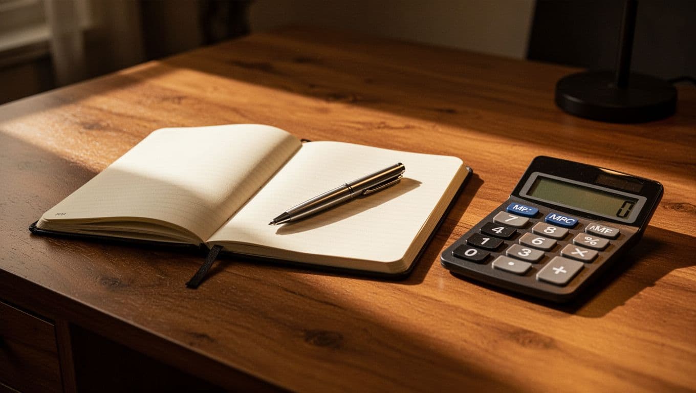 A dark wooden desk features a leather-bound notebook, an open calculator, and a metallic pen. Dramatic light streams in from the side, casting long shadows across the neatly organized workspace surface.