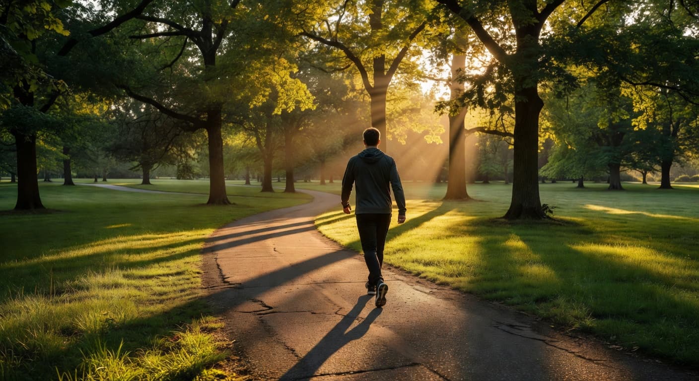 A person in athletic wear walks briskly along a paved trail shaded by lush green trees. Golden sunlight filters through the canopy, creating a path of warm light and long shadows.