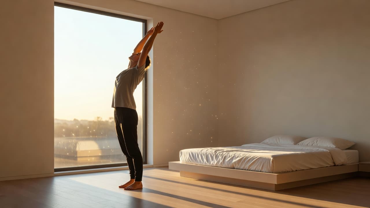 A person reaches toward the ceiling while standing in a minimalist bedroom flooded with soft morning sunlight. The warm illumination highlights their silhouette against the expansive window and hardwood floor.