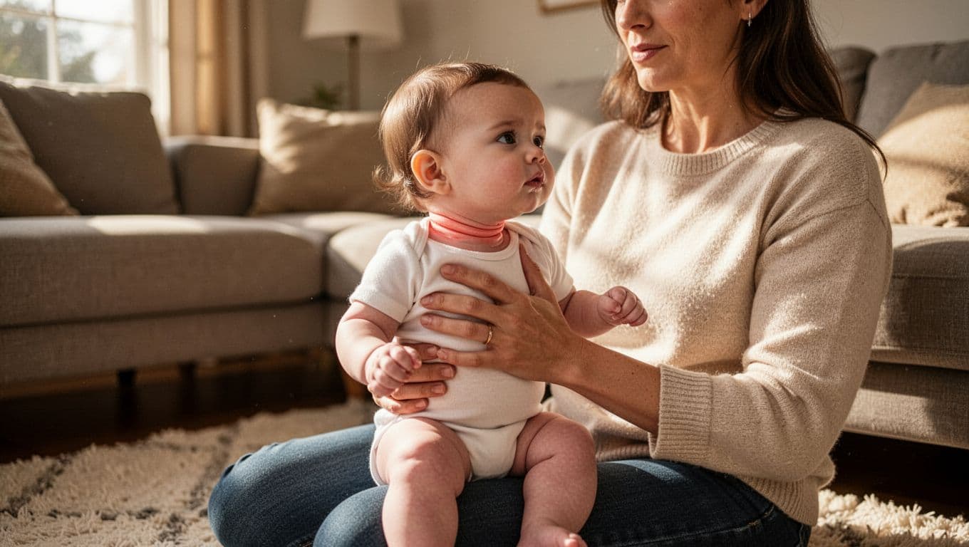 Mother holds six-month-old baby upright on lap in living room, gently supporting head turn from right tilt with neck tension.